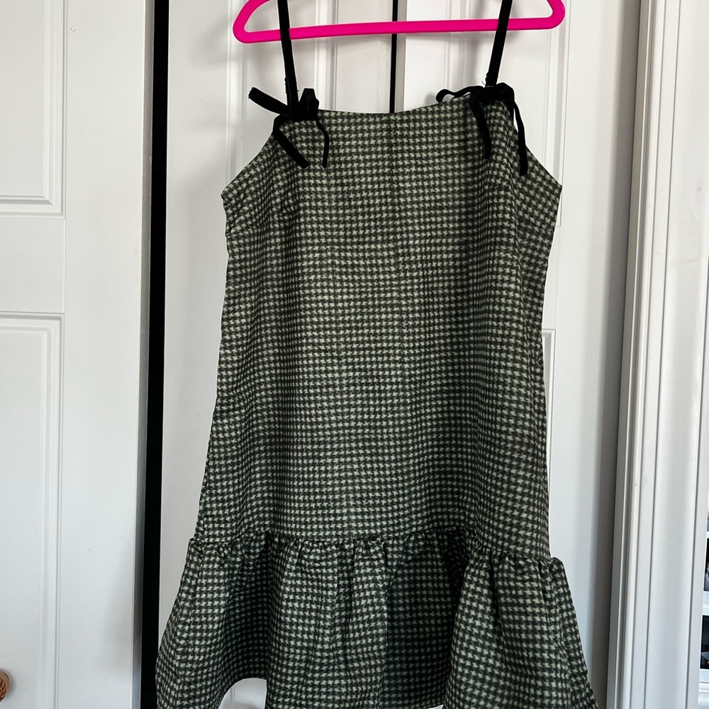 Green Houndstooth Dress with Black Straps